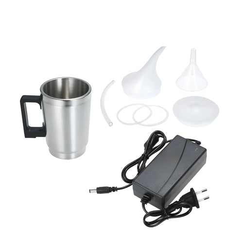 Stainless steel automobile headlamp renovation kit parts including cups, elbow cover, and power adapter on a workbench