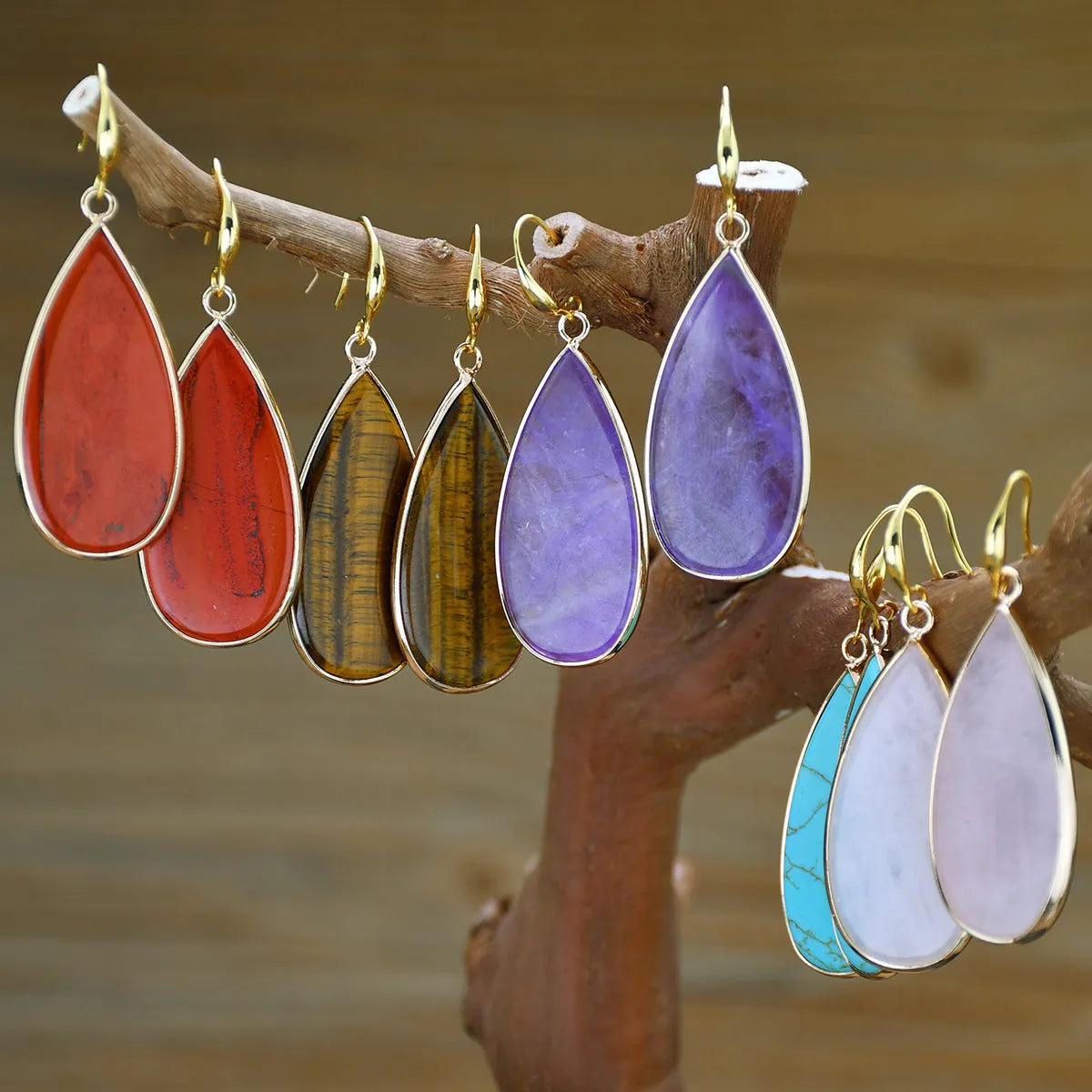 Vintage long water drop earrings in genuine stone materials with handmade processing