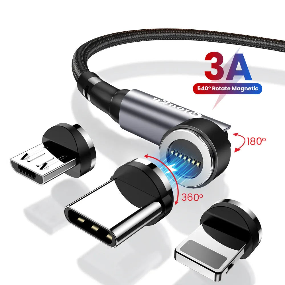 Elough 540-degree rotating magnetic charging cable 3-in-1 with 8PIN, Micro USB, TYPE-C, grey or red, lengths 0.5m to 3m.