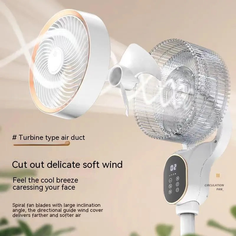 Air circulator fan with remote control, lifting head, and shaking function in household setting