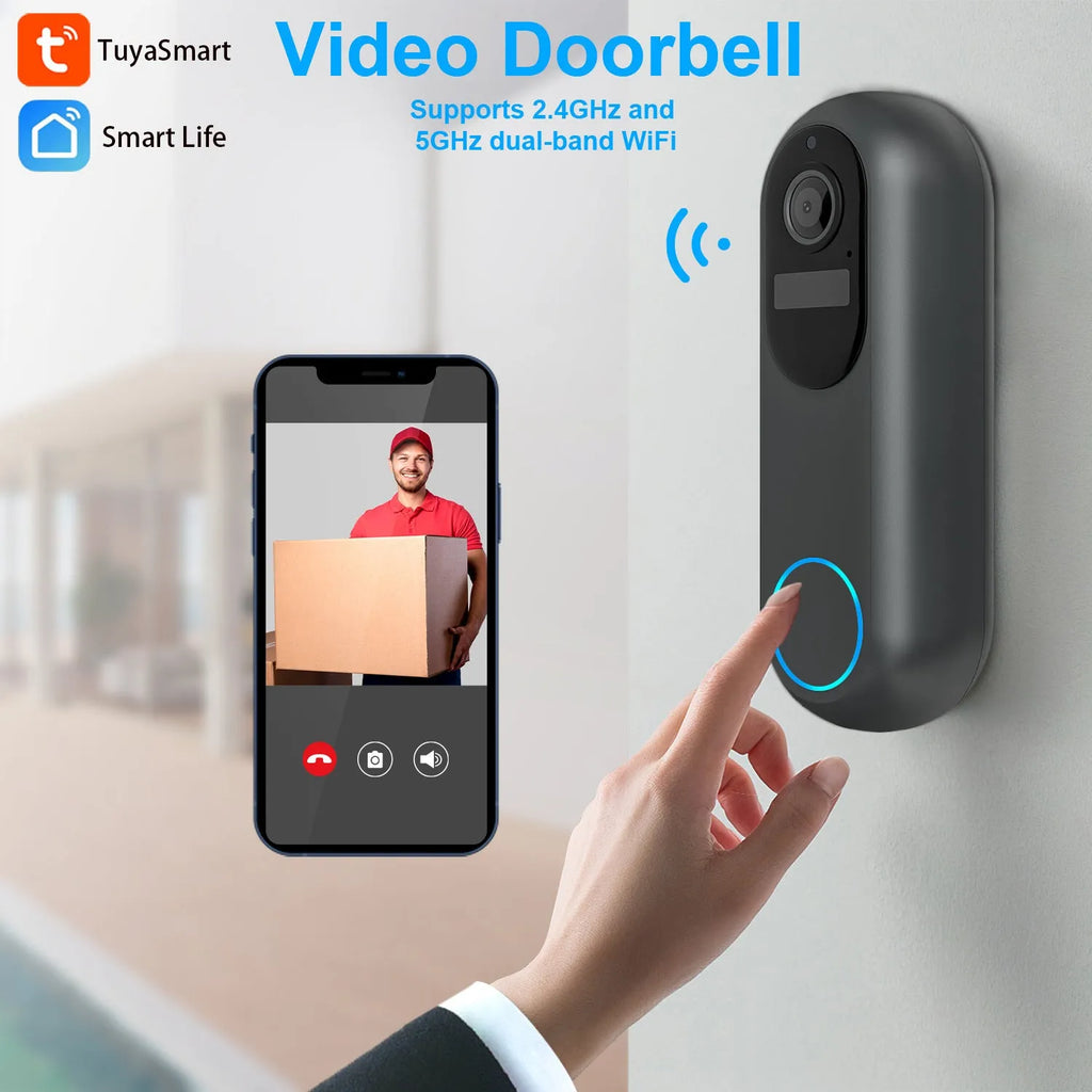 Smart visual doorbell intercom with 1080P camera and detachable 5000mAh battery, black or white options.