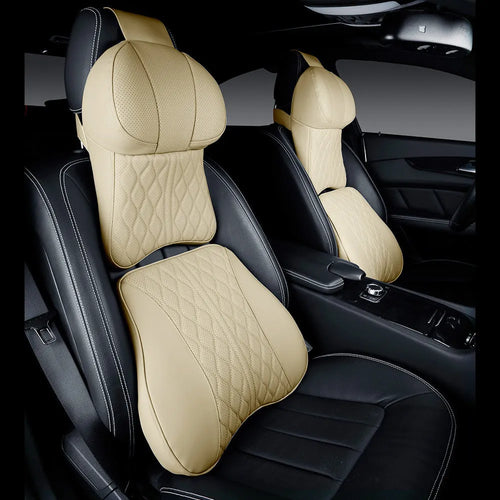 Car neck pillow and lumbar support cushion set with wavy pattern embroidery in beige colour