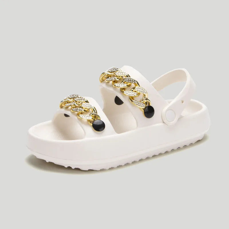 Chains thick-soled EVA slippers for women in beige with buckle closure and round toe