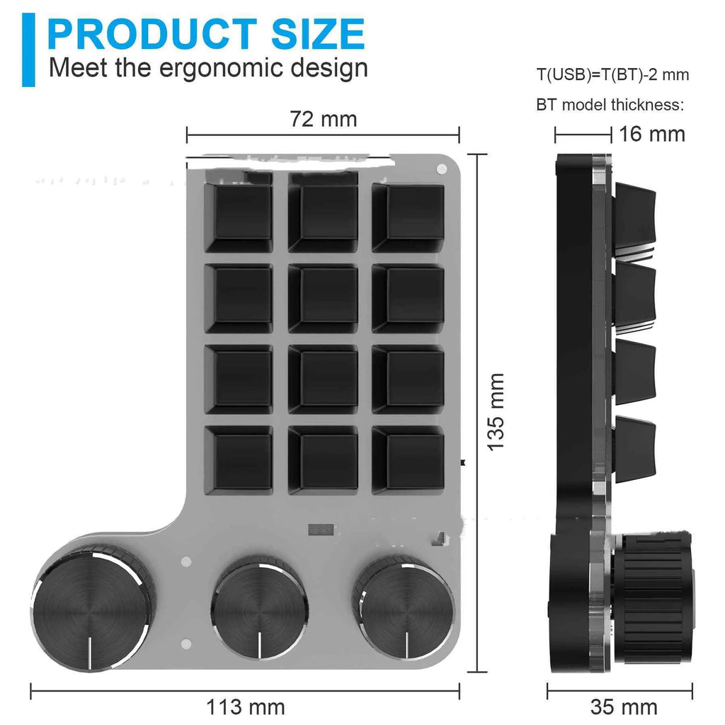 Bluetooth custom shortcut keyboard with 12 keys 3 knobs RGB backlighting black plastic office keyboard