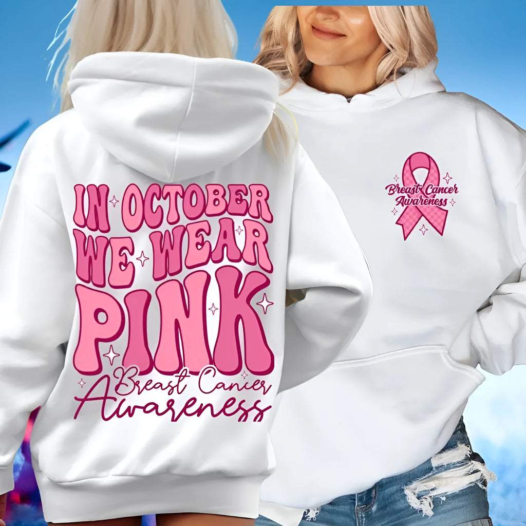 Pink Breast Cancer Awareness pullover hoodie with side seam pockets and hot stamping decorative elements