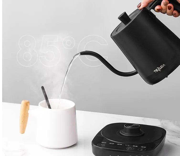 Slender mouth stainless steel electric kettle with heat preservation function for office use in black colour
