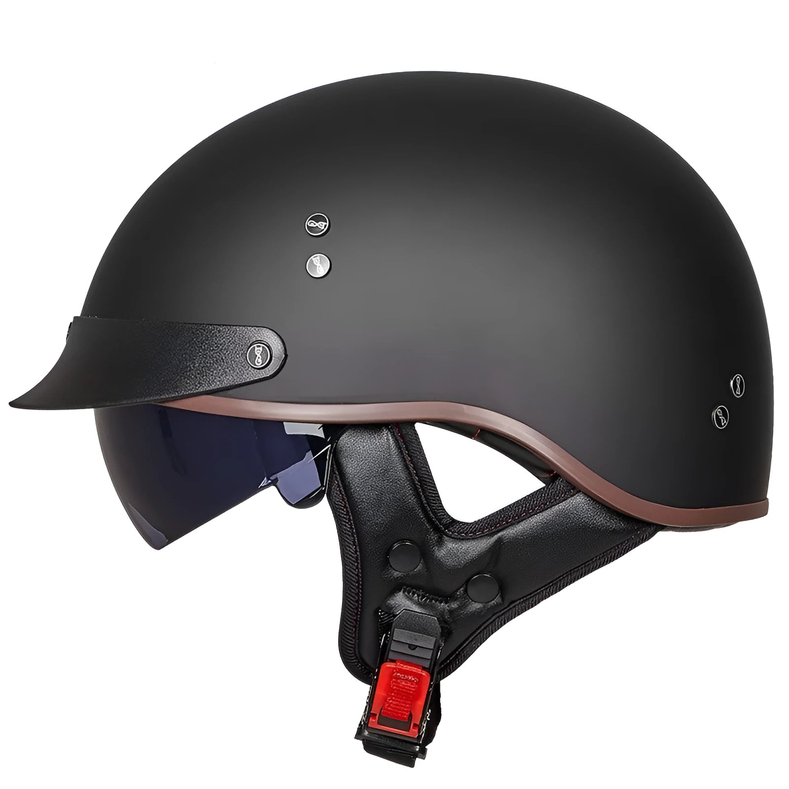 Vintage motorcycle helmet with ABS shell, EPS liner, quick release buckle, and UV protection glasses in black