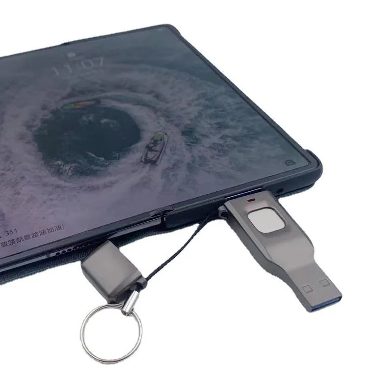 Black metal fingerprint USB flash drive with USB 3.0 and USB-C connectors for encrypted data storage