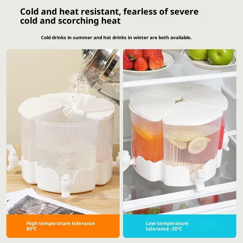 Rotating refrigerator cold water kettle with faucet and glacier pattern finish on kitchen counter