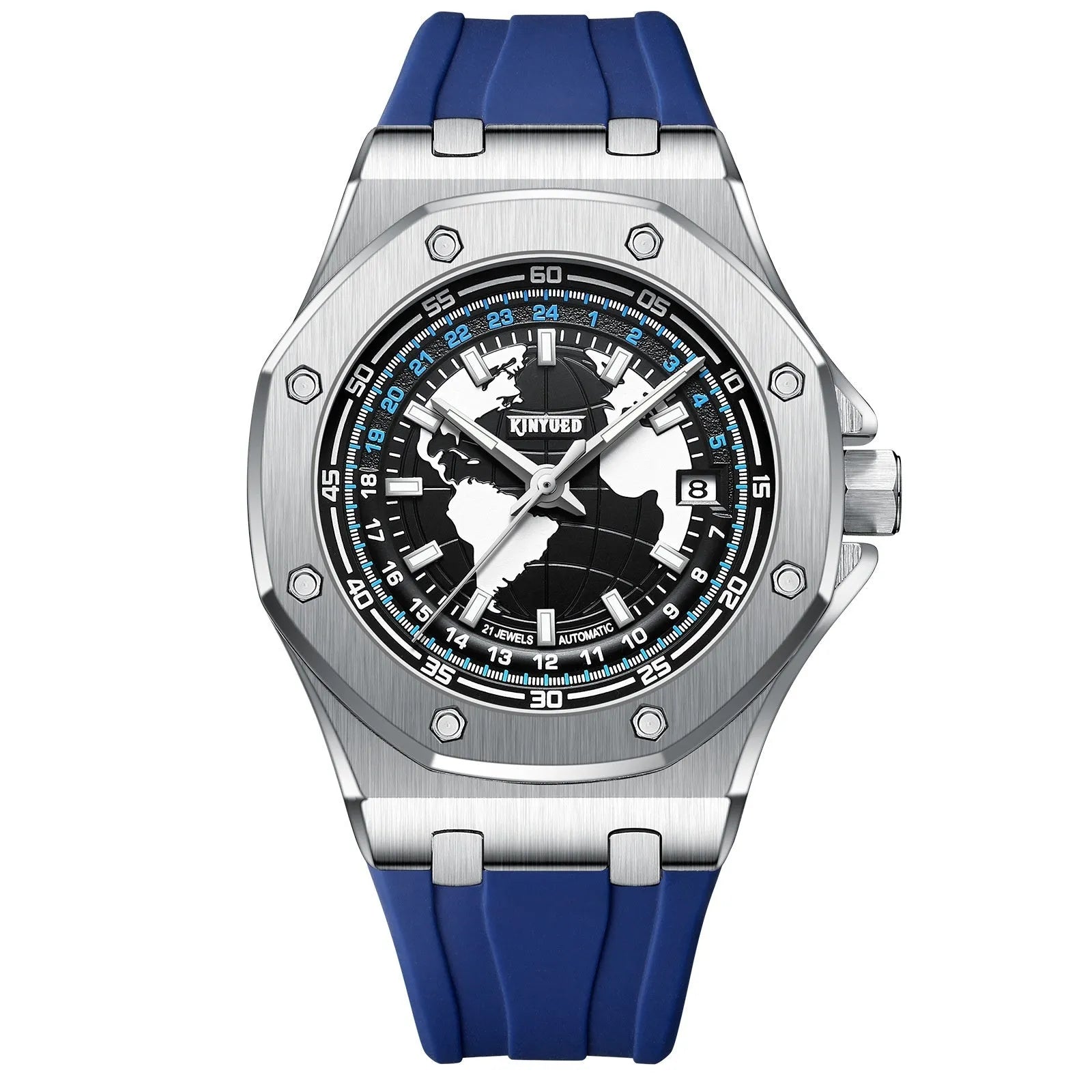 Automatic men's hollow mechanical watch with stainless steel strap and round alloy case on a white background