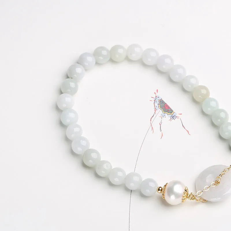 Natural jade pearl bracelet for women with emerald peace buckle and geometric pendant