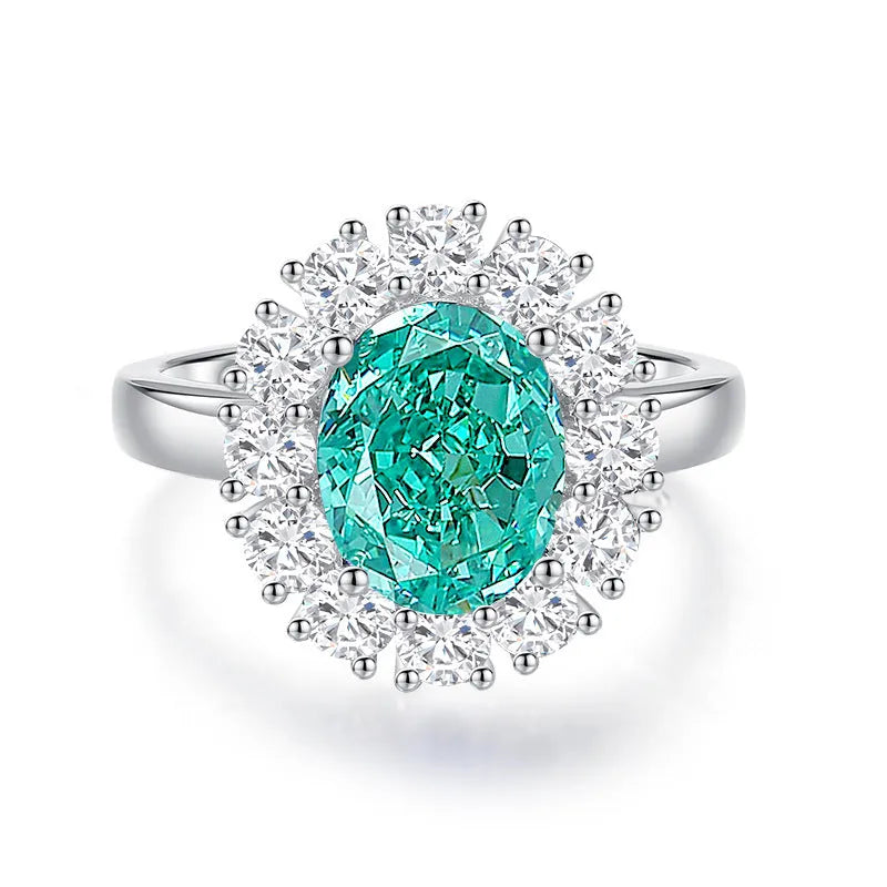 Geometric S925 silver women's ring with an elliptical emerald-cut high carbon diamond inlay.