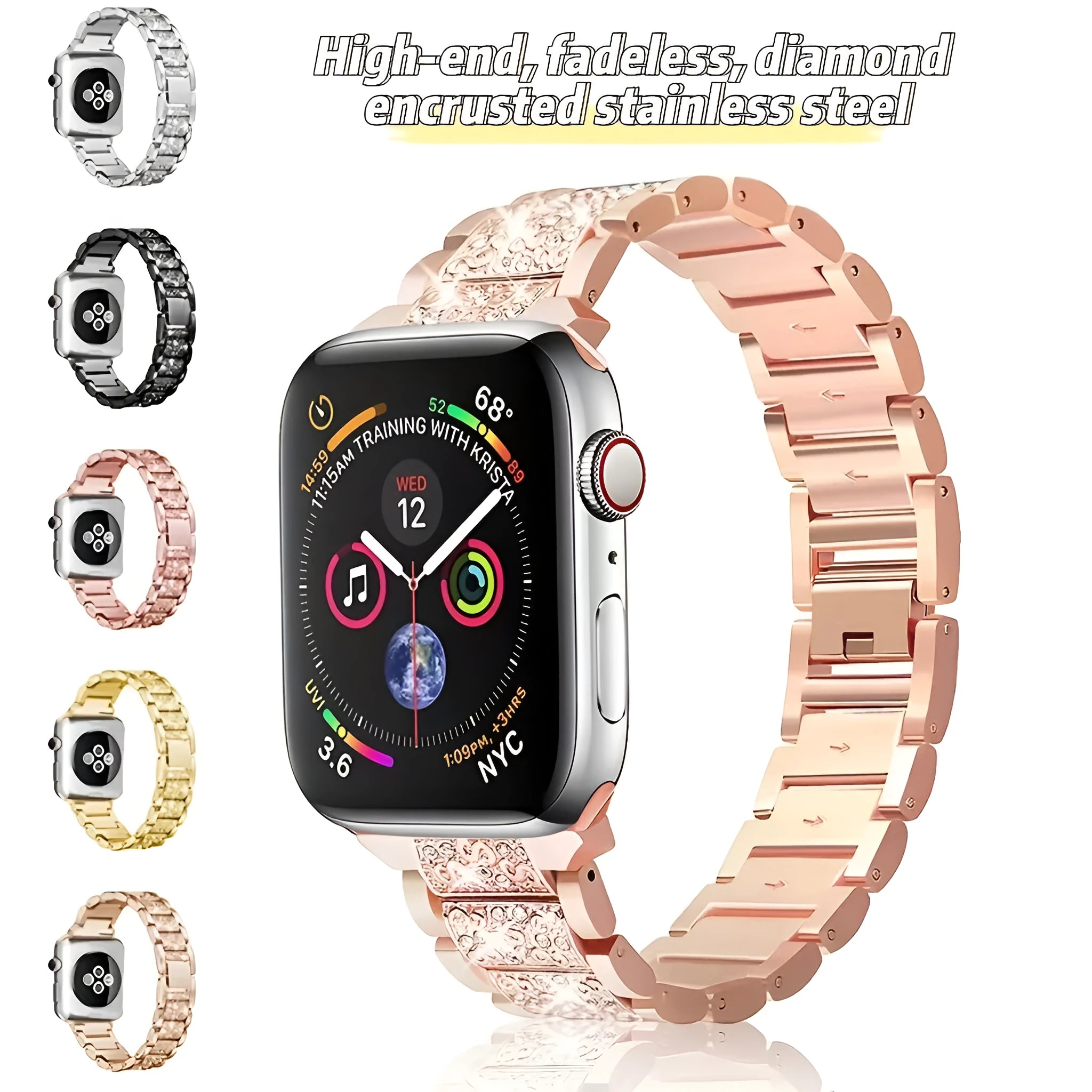 Metal diamond-encrusted watch band in rose gold colour, adjustable bracelet style for women