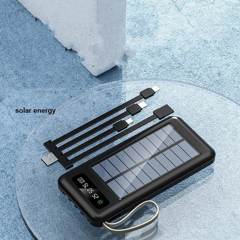 Solar Super Capacity Power Bank in black or white, showing compact size and integrated solar panel on front.