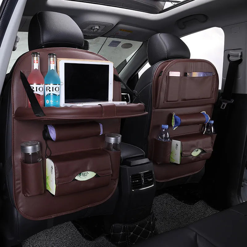 Leather car seat back hanging bag in classic style available in multiple colours for car storage organisation
