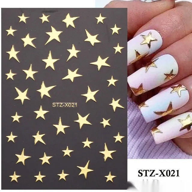 Cartoon-themed nail art sticker sheet with black and silver strip patterns and love motifs