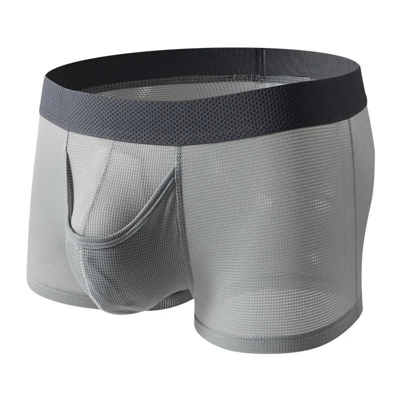 Men's ice silk boxer shorts with mesh fabric in black, white, and grey colour options