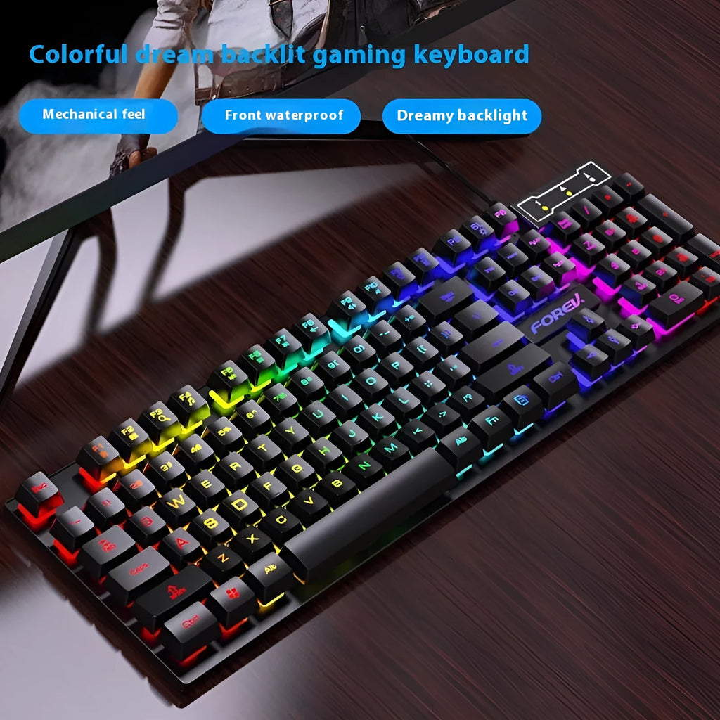Black 104-key backlit gaming keyboard with mouse bundle on gaming desk