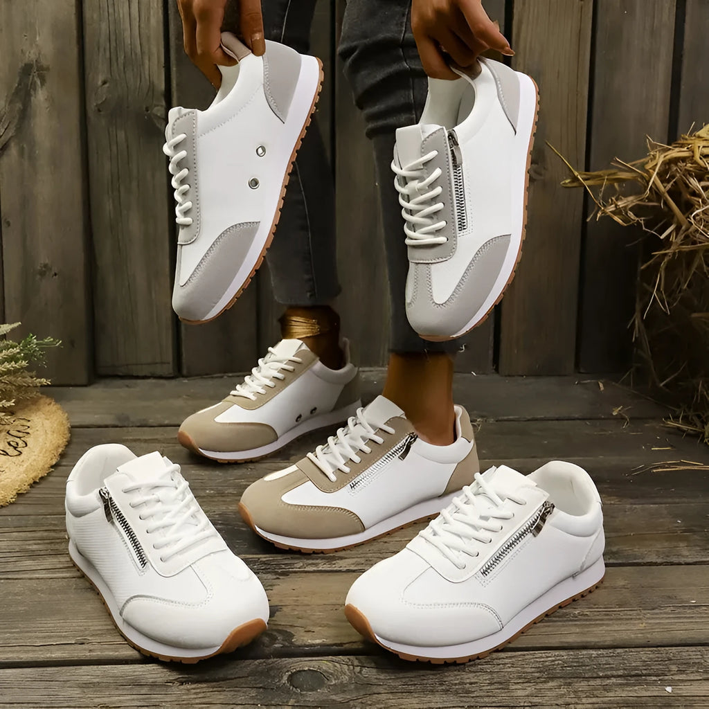 Women's flat-heeled shoes in champagne, grey, and white with artificial PU uppers and rubber soles