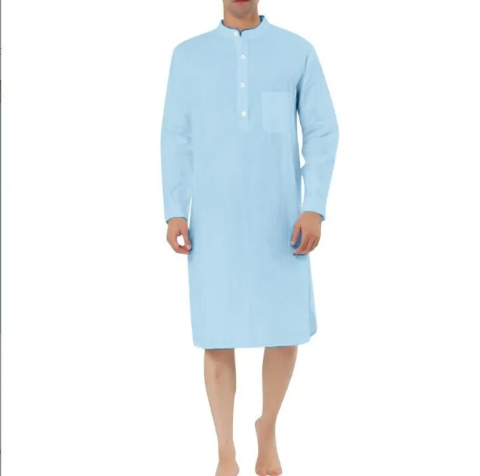 Men's cotton shirt robe with a front button closure and pockets, shown in a light blue colour.