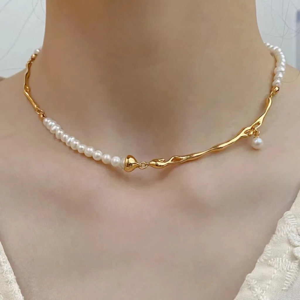 Stitching niche pearl necklace with copper pendant, O-ring chain, 71-80cm length, in silver or gold