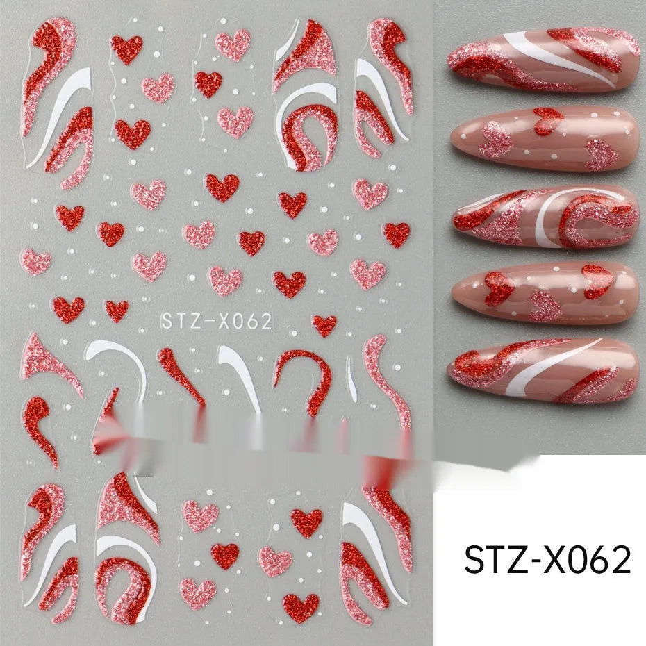 Cartoon-themed nail art sticker sheet with black and silver strip patterns and love motifs