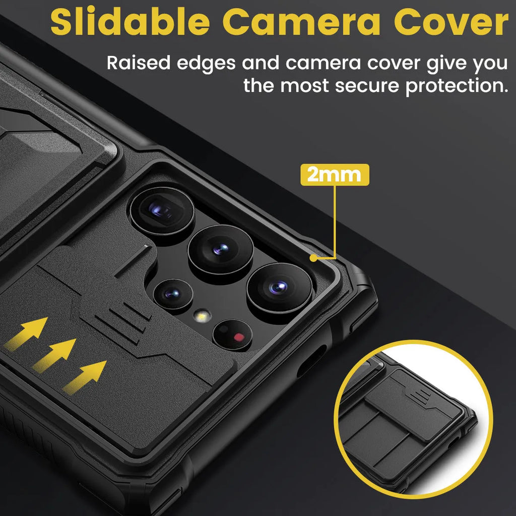 Black S24 Ultra phone case with card holder and sliding bracket