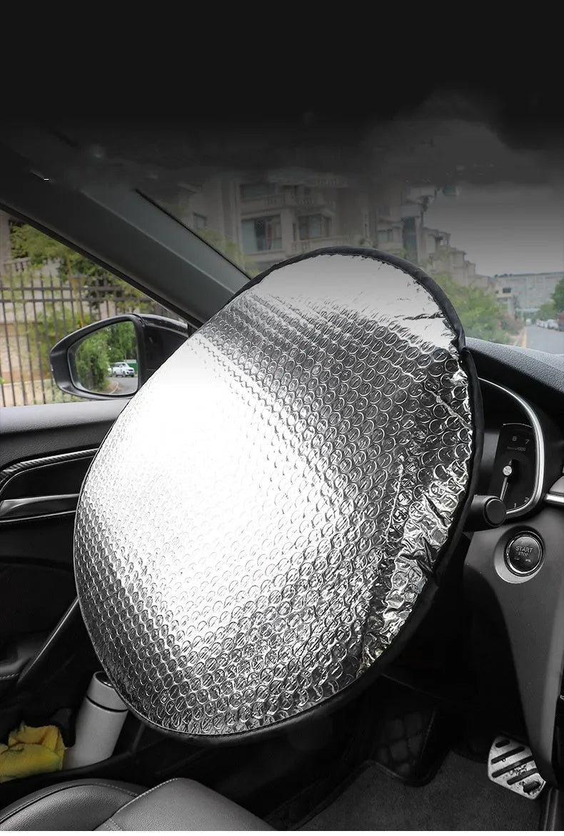 Aluminium foil car steering wheel sunshade cover with brand LOGO pattern, universal fit for general vehicle models