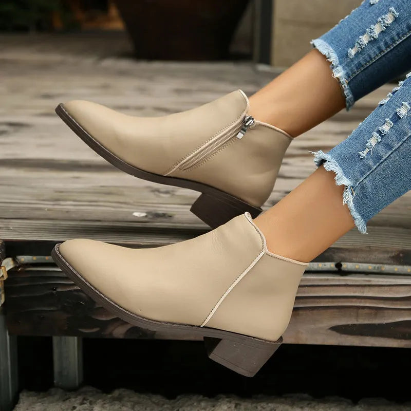 Women's suede ankle boots with side zipper and chunky low heel, in off-white, black, or khaki
