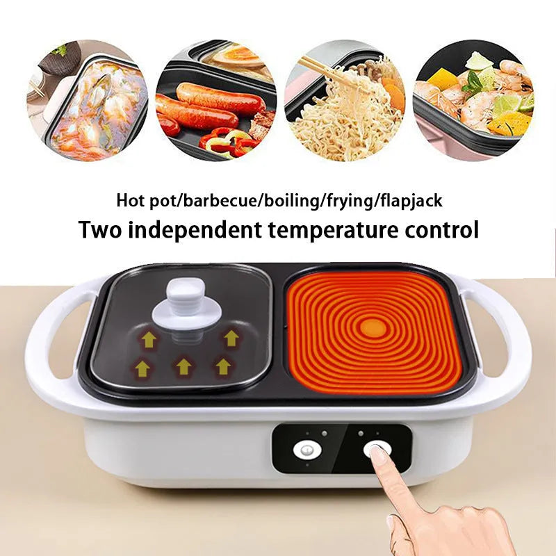 Green and white electric hot pot appliance with frying function on kitchen counter