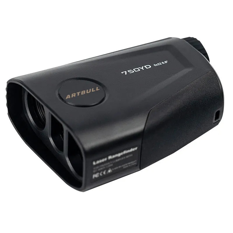 Golf laser rangefinder with 6x magnification lens showing LCD display with distance measurement