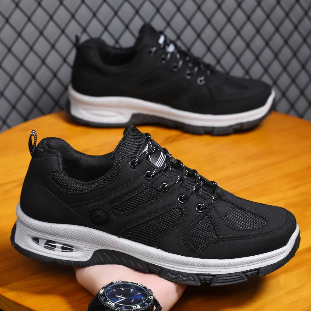 Men's breathable mesh sneakers with EVA sole, elastic lace-up fit, black camel grey, sizes 39 to 45