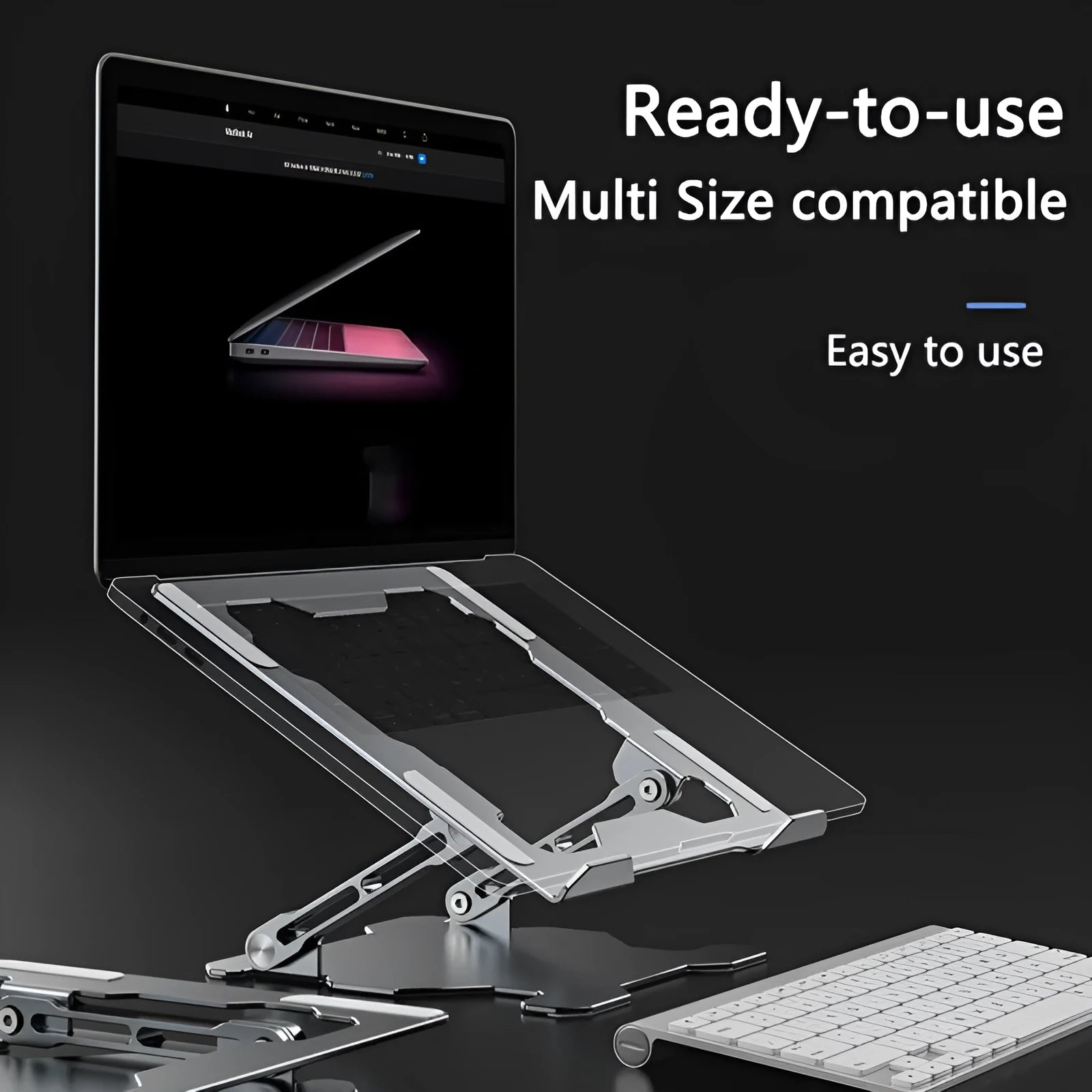 Grey aluminium adjustable laptop stand holding a silver laptop, showing its hollow design and folded position.