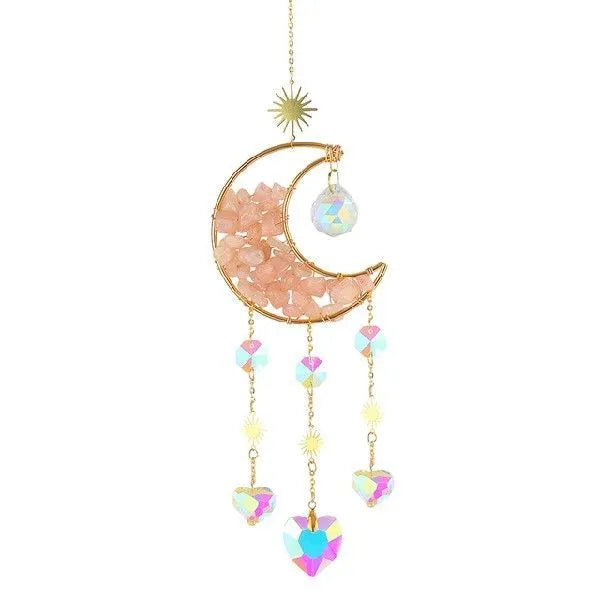 K9 crystal moon-shaped car pendant hanging, showing reflective surface and colour options.