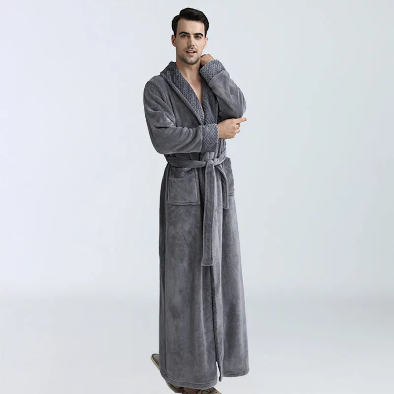 Men's winter coral fleece nightgown in gray, cardigan style with long sleeves, knitted flannel fabric