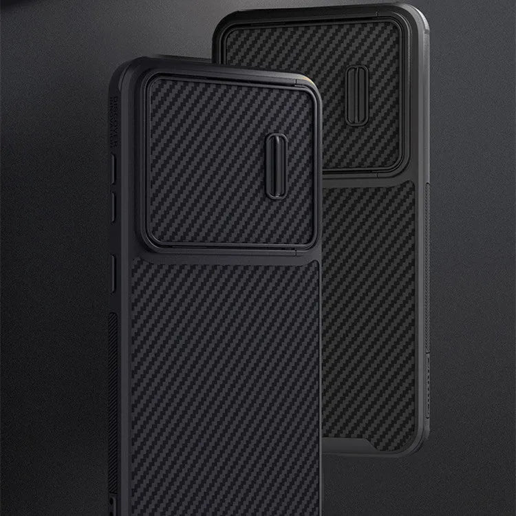 Black Samsung S23 Ultra phone case with sliding lens cover, showing carbon fibre texture on TPU and PC material.