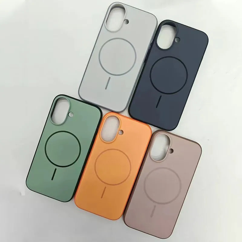 Blue frosted magnetic iPhone case showing a side button labelled 'AI' for camera controls.