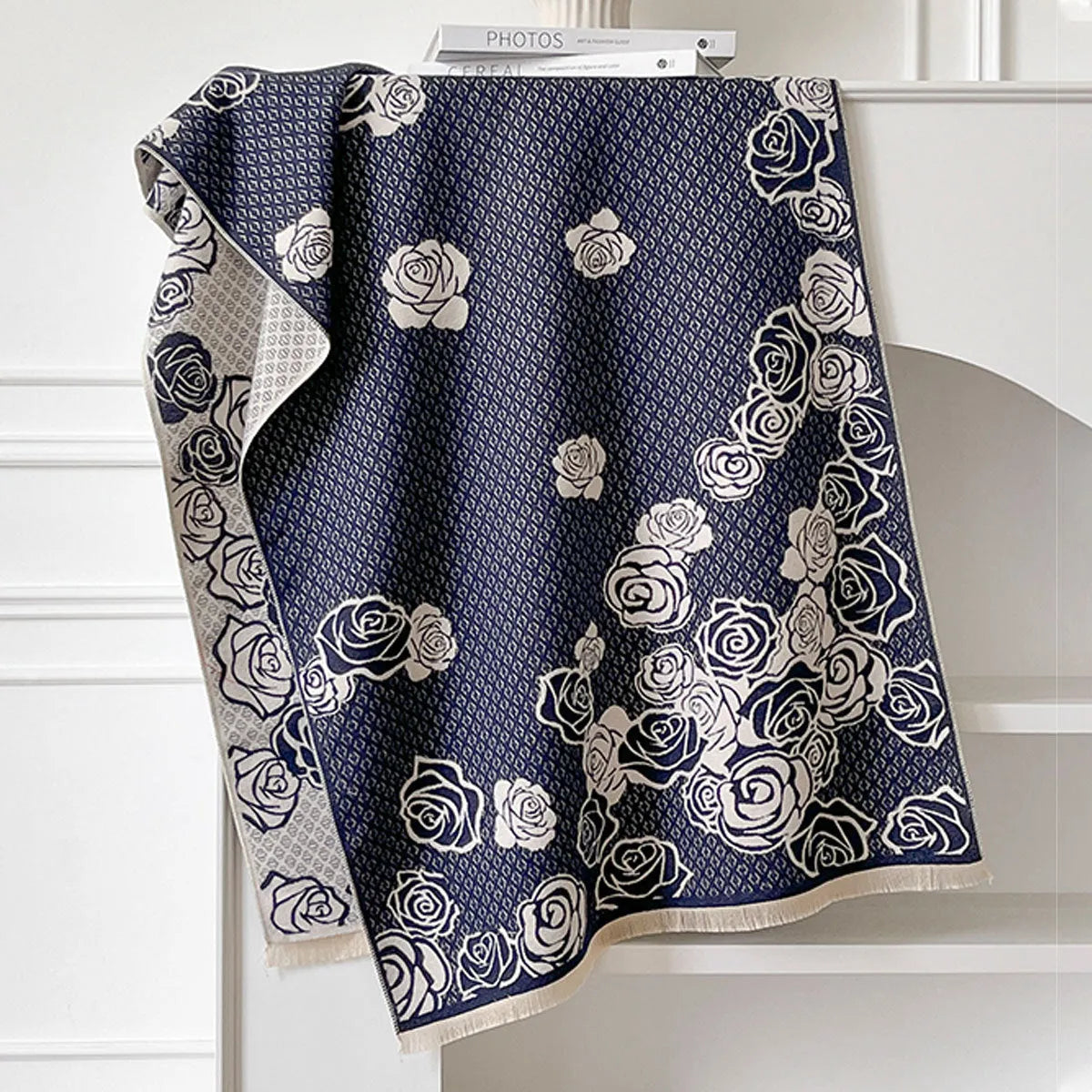 Imitation cashmere winter scarf with tassels in grey colour showing 185cm length