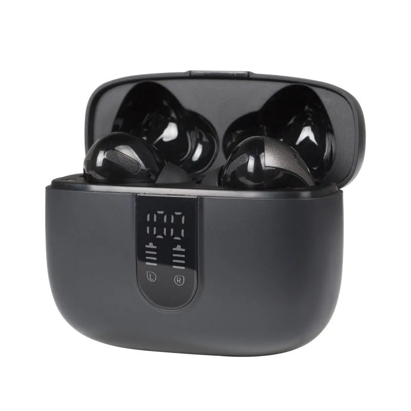 Jerry X08 wireless Bluetooth headset and charging case with digital display in black, grey, or white.
