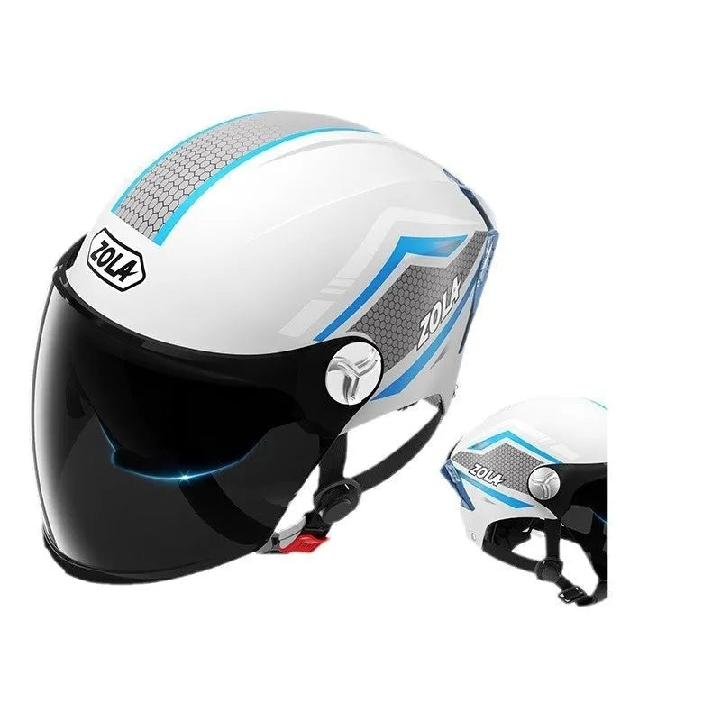 Light brown universal motorcycle half helmet with double mirror sun visor on handlebars.
