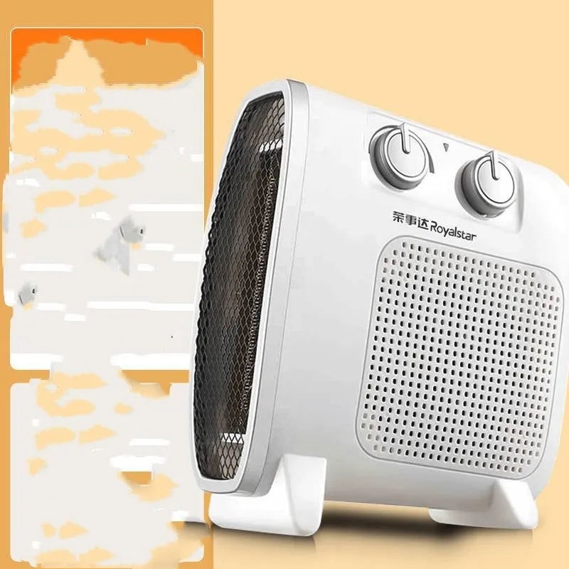 Compact white electric fan heater with mechanical control knobs on a wooden floor.