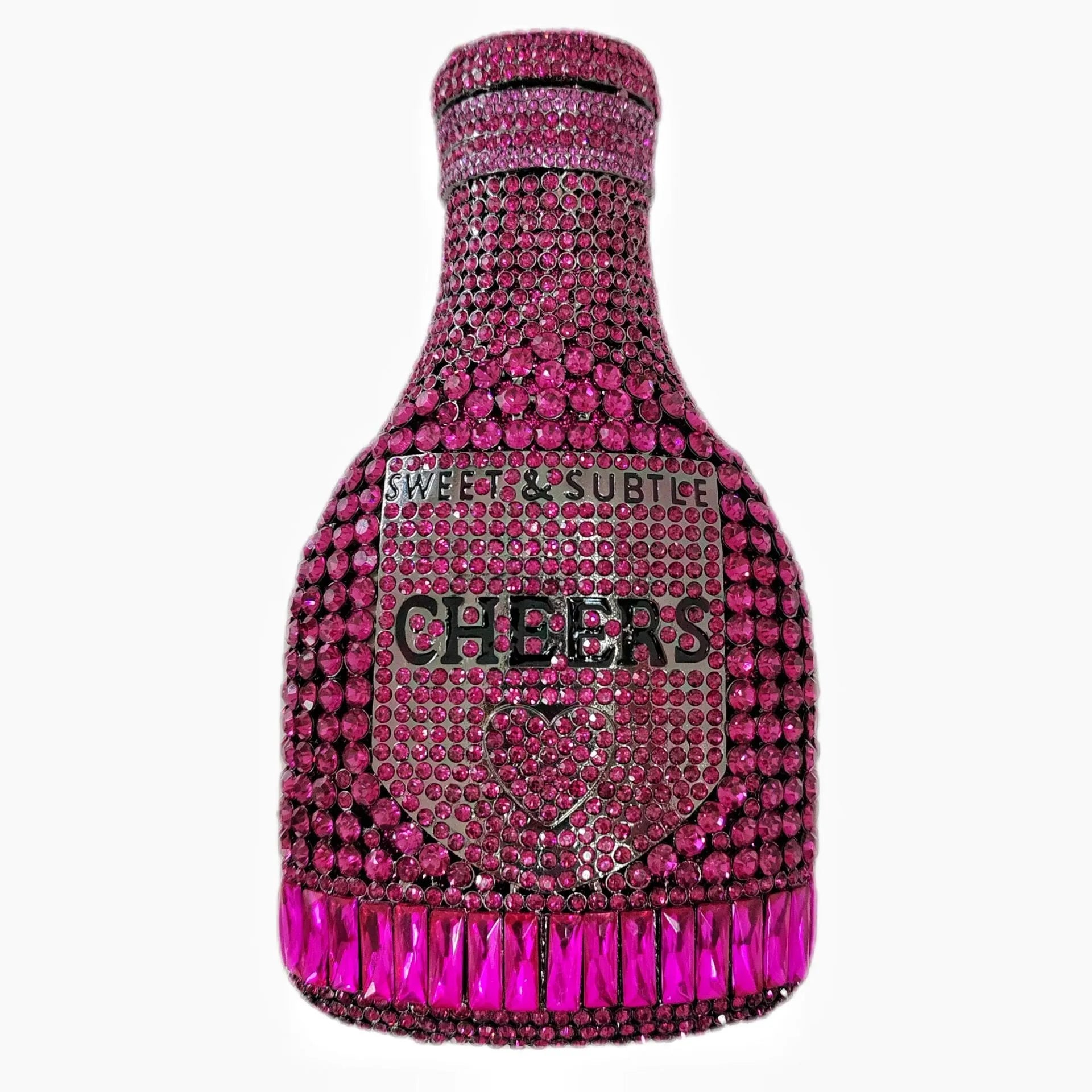 Gold rhinestone evening clutch bag shaped like a champagne bottle with a hard frame.