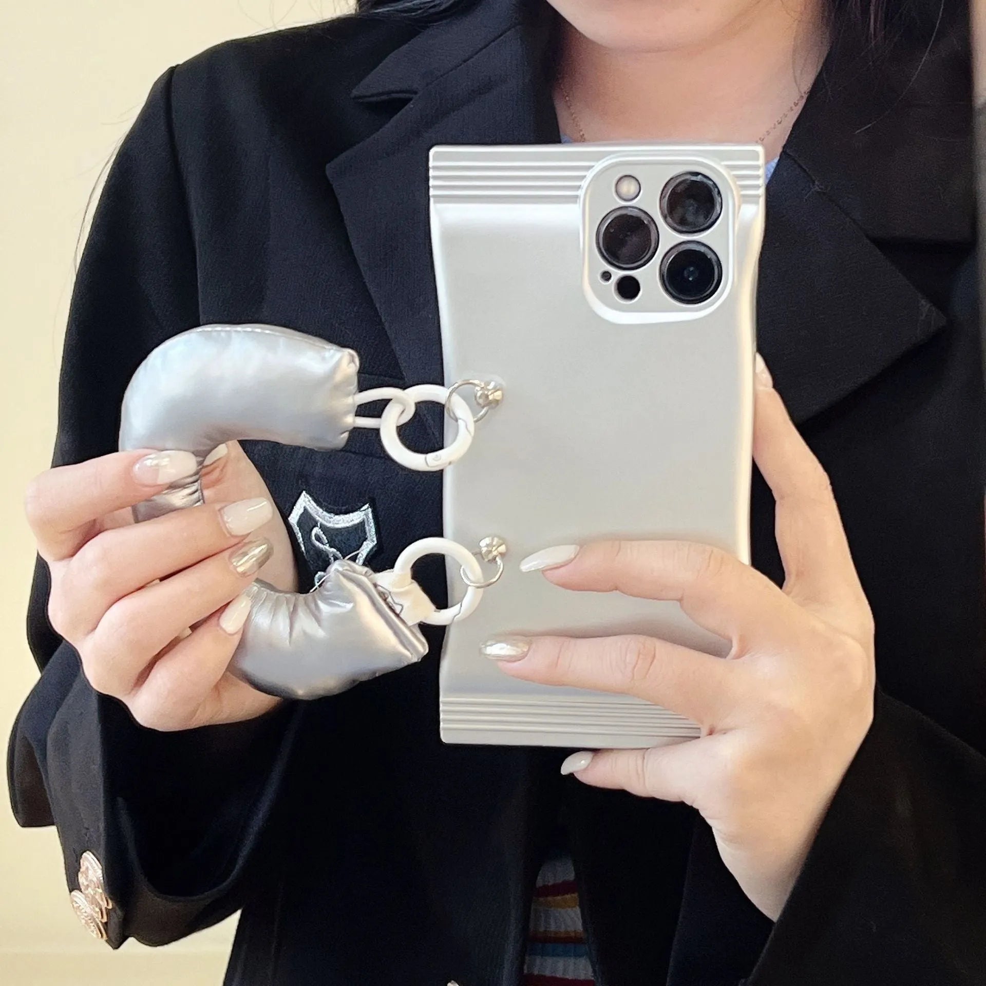 Electroplated silver TPU phone case with portable hand strap for iPhone 14 Pro Max