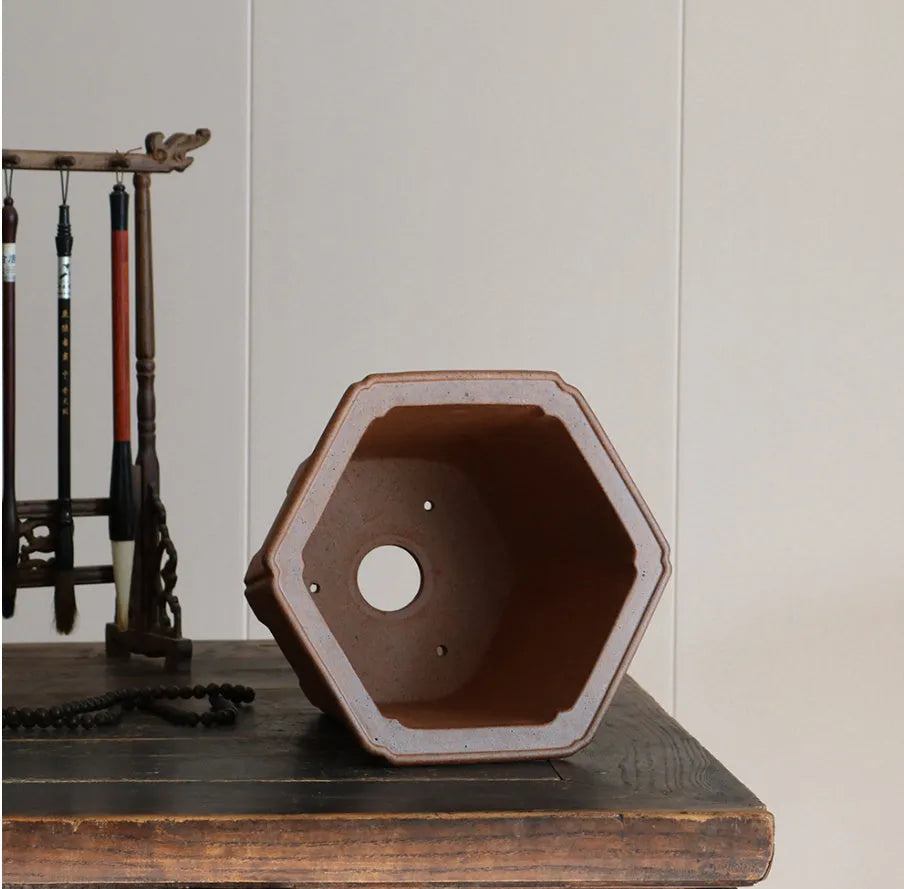Antique-style hexagonal ceramic orchid bonsai pot in Squared Off Hexagon colour, handmade with purple sand craft