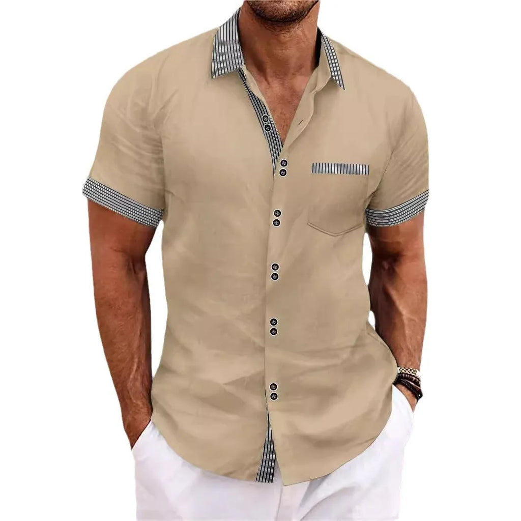 Men's slim fit pure cotton striped casual short sleeve shirt on a hanger