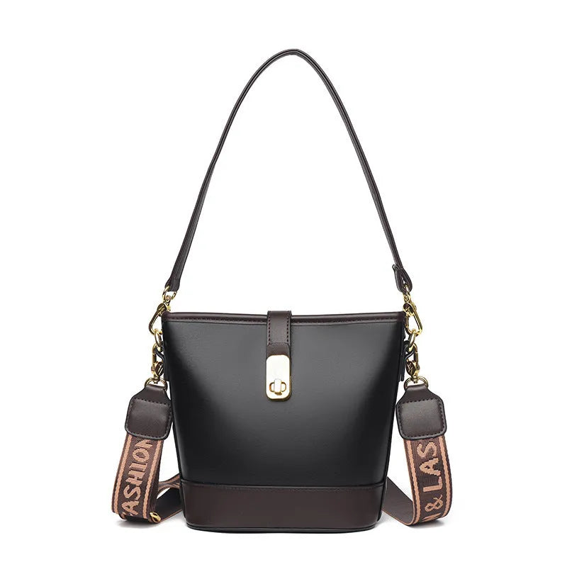 Korean-style soft PU bucket bag with dual shoulder straps in black or brown colour