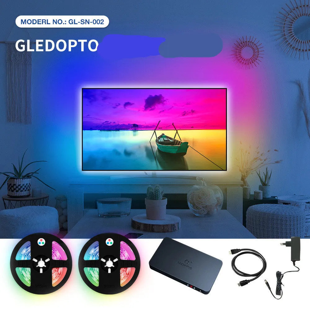 HDMI splitter box with dual ports and RGB light strip controller for PC and TV displays.