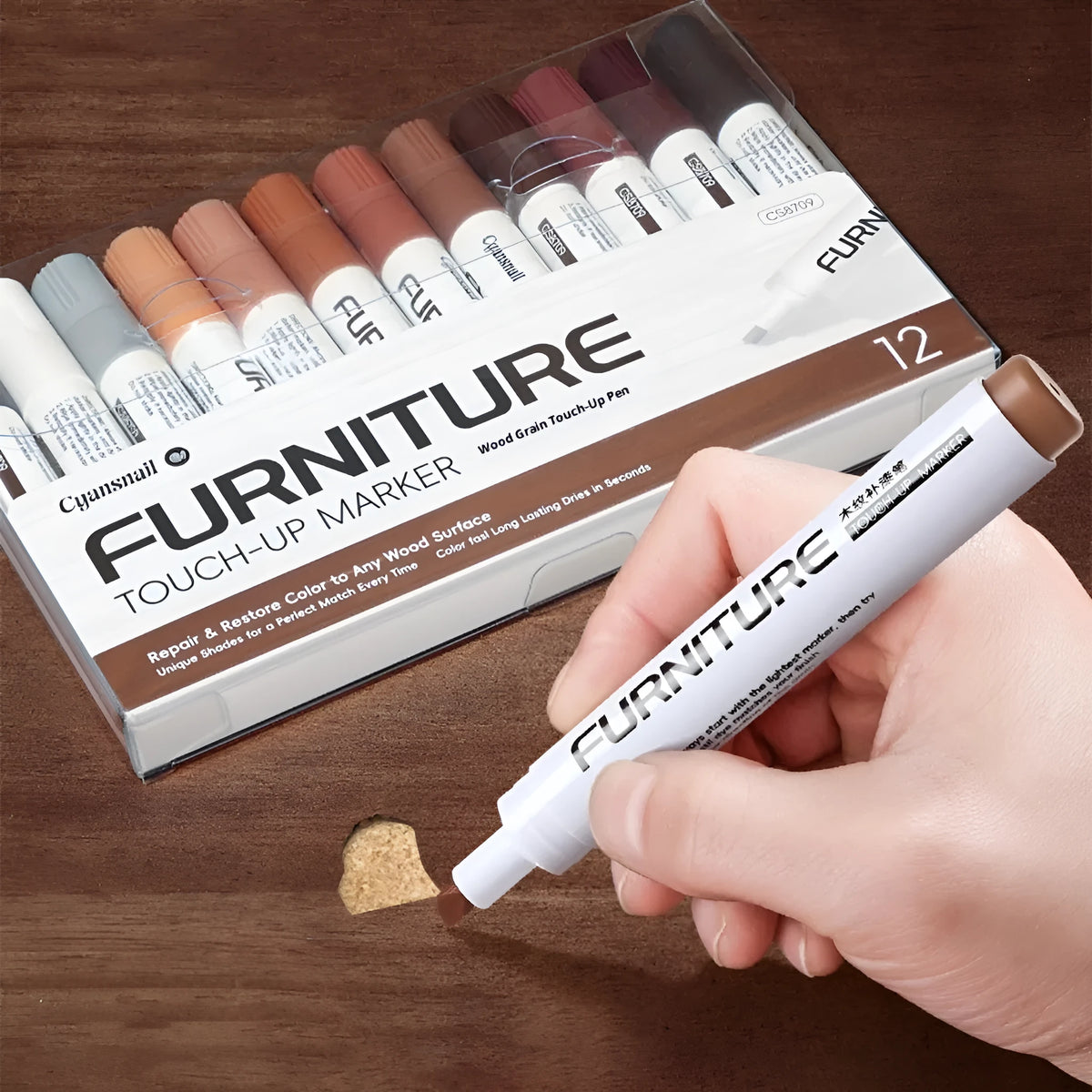 Wood grain paint fixer pen 5ml for repairing scratches and oily marks on solid and composite wood floors, shown in 12 colours.