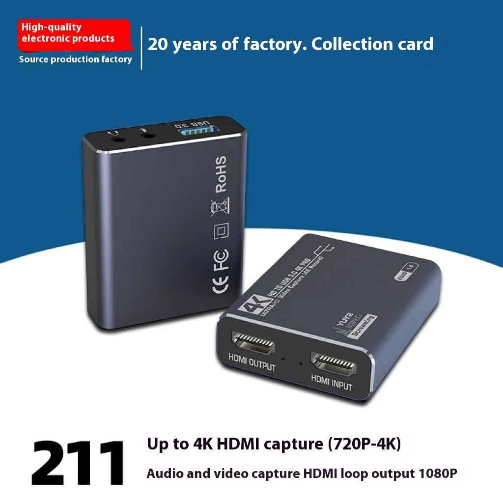 Black 4K HDMI gaming capture box with MS2131 chipset for audio recording