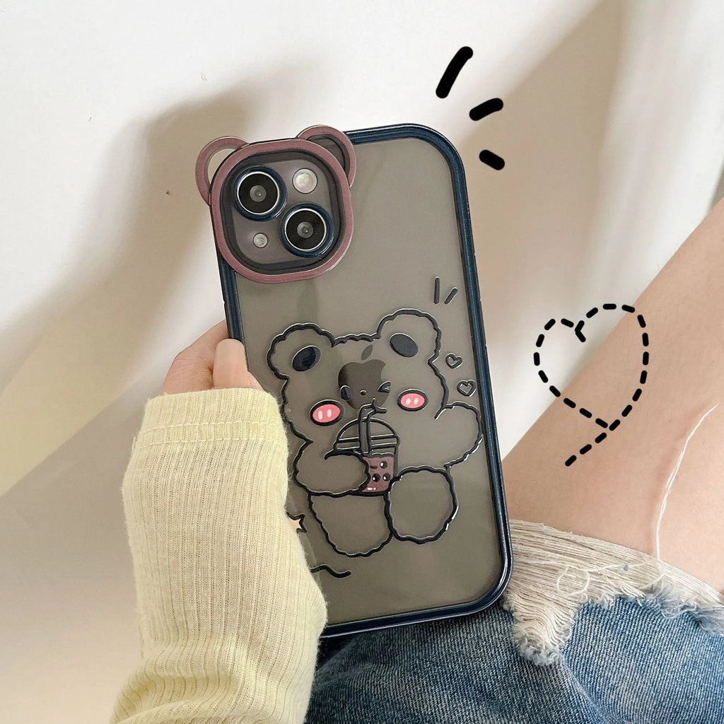 Drinking milk tea bear TPU phone case for iPhone 14, 13, 12, 11 series on a white background